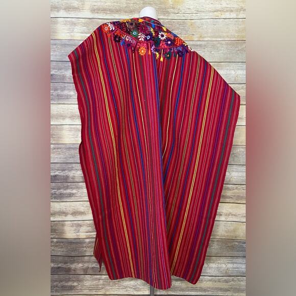 VINTAGE RED GUATEMALAN HAND LOOMED KAFTAN FLORAL EMBROIDERED HUIPIL DRESS - Picture 2 of 7